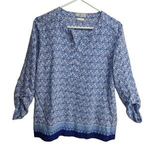 Van Heusen Tunic Women Medium Long Sleeve V-Neck Top Geometric Pattern Blue M